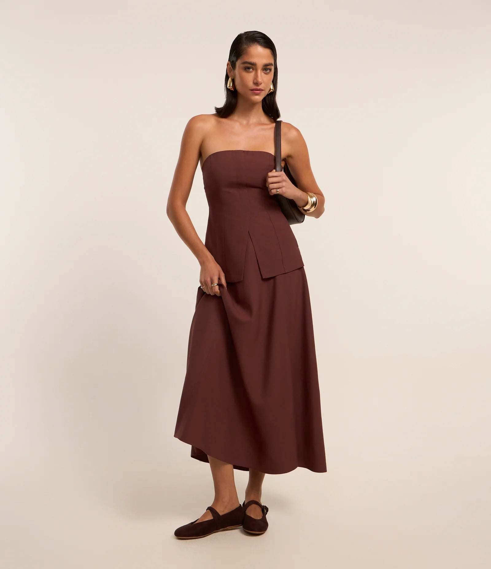 Saia Evasê Midi em Crepe com Cós Fixo Marrom